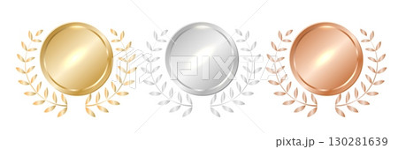 Set of round 3D award badges in gold, silver, bronze, and rose gold with laurel wreaths. Perfect for champion medals, certificates, or ranking icons. Isolated vector design. 130281639