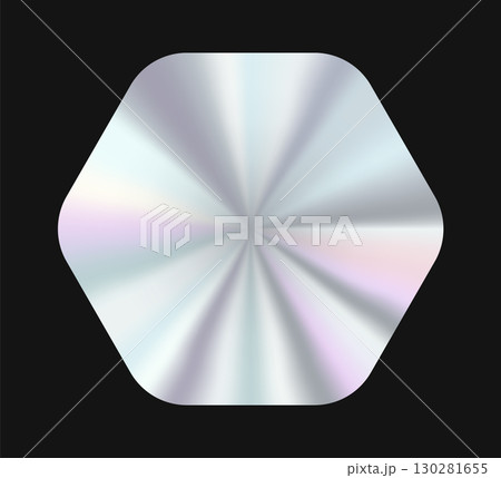 hexagonal gradient badge with an iridescent metallic glow on a dark background. Ideal for branding, labels, and digital designs 130281655