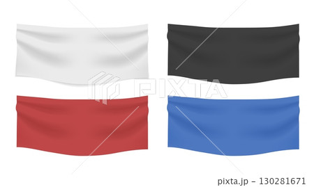 Set of hanging fabric banners in white black blue and red colors with realistic folds and texture isolated on transparent background perfect for advertising design Set of hanging fabric banners in white black blue and red colors with realistic folds and texture isolated on transparent background perfect for advertising design 130281671