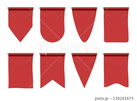 Set of red hanging fabric flags in various shapes with detailed texture isolated on white background perfect for banners awards heraldic and festive design. 130281675