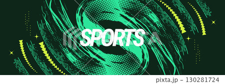 Grunge Sport Background with Green Brush Strokes, Yellow Arrows, and Halftone Style. Sport or Event Banner and Poster Design 130281724