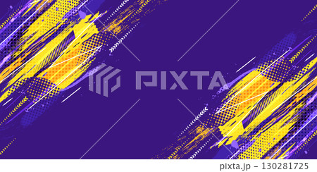 Dynamic Sport Background with Yellow and Purple Brush Strokes in Halftone Style for Sport or Event Banner and Poster Design Element 130281725