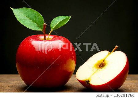 Fresh Red Apple with Leaves on Wooden Surface and Half Slice Fresh Red Apple with Leaves on Wooden Surface and Half Slice 130281766