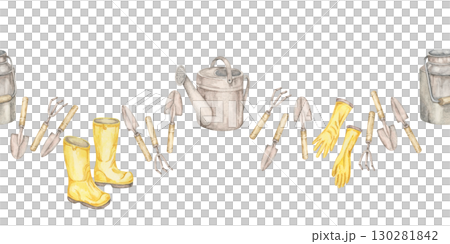 Yellow boots, gloves, garden tools, and watering cans form a seamless border watercolor clipart. Great for header graphics, banners, scrapbook dividers, tags, and natural product branding 130281842