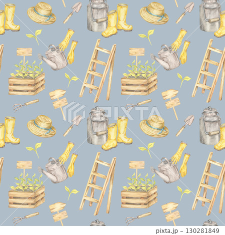 Ladders, gloves, watering cans, boots, plant crates, and hats on soft blue in seamless pattern watercolor clipart. Perfect for fabric, wall art, packaging, and eco-themed textile design Ladders, gloves, watering cans, boots, plant crates, and hats on soft blue in seamless pattern watercolor clipart. Perfect for fabric, wall art, packaging, and eco-themed textile design 130281849