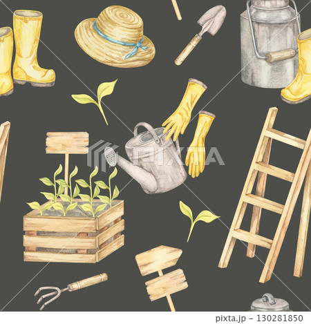 On charcoal grey, gloves, boots, hats, ladders, seedlings, and watering cans repeat in a seamless pattern watercolor clipart. Perfect for gardening-themed paper goods and fabrics On charcoal grey, gloves, boots, hats, ladders, seedlings, and watering cans repeat in a seamless pattern watercolor clipart. Perfect for gardening-themed paper goods and fabrics 130281850