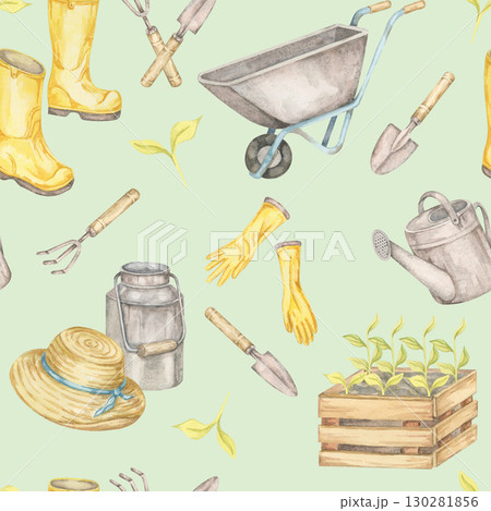 Yellow boots, metal watering cans, straw hats, seedlings, and gloves on mint background in seamless pattern watercolor clipart. Gardening illustration for spring decor, textiles, and nature gift wraps 130281856