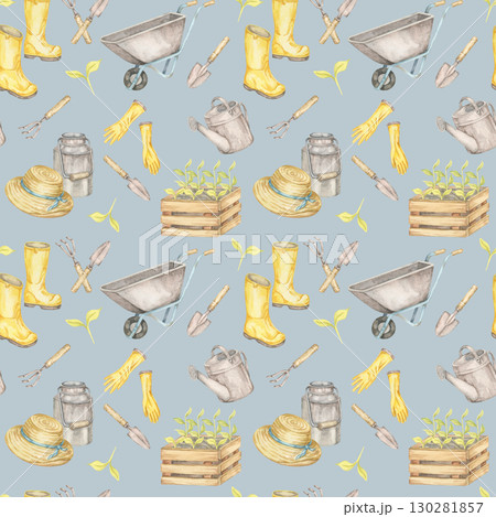 On pale blue, garden gloves, crates, boots, watering cans, and tools arranged as seamless pattern watercolor clipart. Gardening illustration for planner covers, scrapbooking, and kids garden books 130281857