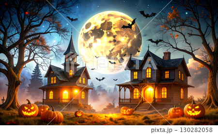 ジャックオランタンと不気味な洋館のハロウィンイメージ ジャックオランタンと不気味な洋館のハロウィンイメージ 130282058