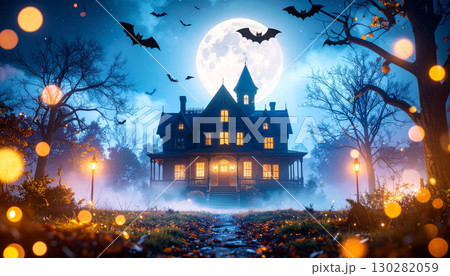 満月の夜の満月とカラフルなハロウィーンの背景 130282059