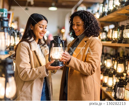 キャンプブーム終了でキャンプ用品が激安で売られているリサイクルショップでアウトドアグッズを買う女性 130282213