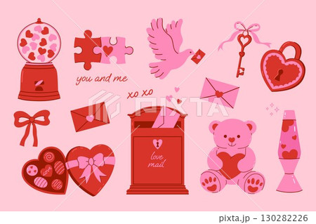 Collection of Valentine s Day graphics in pink and red colors. Vector graphics 130282226