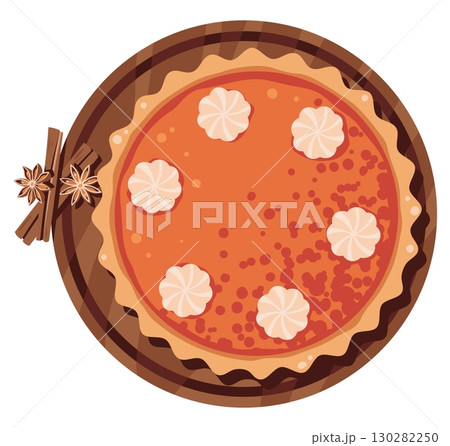 Pumpkin Pie Flat Vector Illustration Isolated on White. American Thanksgiving Dessert with cinnamon for Holiday Baking, Food Packaging, Recipe Books, Autumn Menus. Ideal for Seasonal Promotions, Food 130282250