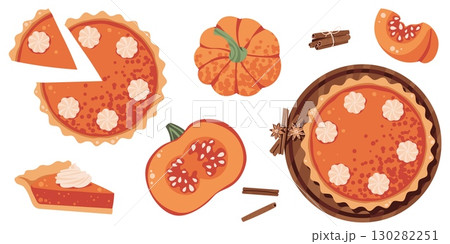 Thanksgiving Pumpkin Pie Set Flat Vector Illustration. American Dessert, Cinnamon, Autumn Leaves. Holiday Baking Design, Posters, Food Packaging, Seasonal Branding. Ideal for Recipes, Festive Decor 130282251