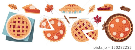 Pies Flat Vector Set. Pumpkin Pie, Berry Dessert, Slices, Cinnamon. Thanksgiving Design for Autumn Stickers, Holiday Cards, Posters, Seasonal Branding. Ideal for Food Blog Graphics, and Festive Decor Pies Flat Vector Set. Pumpkin Pie, Berry Dessert, Slices, Cinnamon. Thanksgiving Design for Autumn Stickers, Holiday Cards, Posters, Seasonal Branding. Ideal for Food Blog Graphics, and Festive Decor 130282253