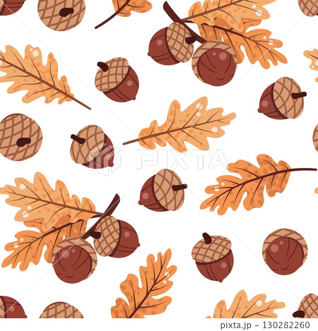 Oak Branch with Leaves and Acorns Seamless Pattern Flat Vector. Harvest Festival and Thanksgiving Texture for Seasonal Branding, Autumn Design. Repeat Background for Wallpaper, Textile, Wrapping Paper Oak Branch with Leaves and Acorns Seamless Pattern Flat Vector. Harvest Festival and Thanksgiving Texture for Seasonal Branding, Autumn Design. Repeat Background for Wallpaper, Textile, Wrapping Paper 130282260