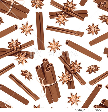 Cinnamon and Star Anise Seamless Pattern Flat Vector. Cozy Spice Background for Cafe Branding, Food Packaging, Seasonal Product. Endless Texture for Textile, Wallpaper, Wrapping Paper. Autumn Design 130282262
