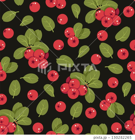Lingonberry Seamless Pattern Flat Vector. Autumn, Harvest Festival. Repeat Background with Red Berries for Textile, Packaging, Wallpaper Design. Botanical Theme Endless Print 130282265