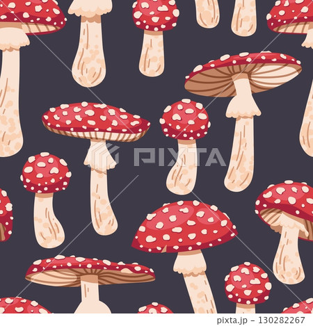 Amanita Mushroom Seamless Pattern Flat Vector. Poisonous Fungi Texture for Forest Theme Designs, Nature Decor. Repeat Background for Wallpaper, Textile, Wrapping Paper. Whimsical Woodland Style 130282267