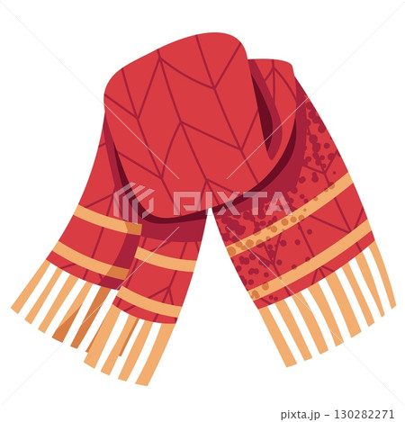 Red Knitted Scarf Flat Vector Illustration Isolated on White. Cozy Autumn Accessory for Cold Weather for Fashion Design, Seasonal Sticker, and Holiday Graphics. Ideal for Apparel, Gift Packaging Red Knitted Scarf Flat Vector Illustration Isolated on White. Cozy Autumn Accessory for Cold Weather for Fashion Design, Seasonal Sticker, and Holiday Graphics. Ideal for Apparel, Gift Packaging 130282271