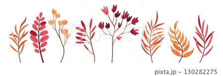 Autumn Twigs and Leaves Botanical Set Flat Vector Isolated on White. Fall Foliage Design for Seasonal Decor, Greeting Cards, Posters, Banners, Stickers. Ideal for Nature Themes, Print Projects Autumn Twigs and Leaves Botanical Set Flat Vector Isolated on White. Fall Foliage Design for Seasonal Decor, Greeting Cards, Posters, Banners, Stickers. Ideal for Nature Themes, Print Projects 130282275
