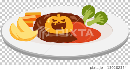 Image of a Halloween hamburger steak with cheese in the shape of a jack-o'-lantern 130282354