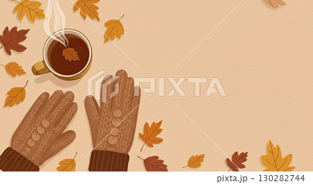 Cozy illustration with tea and gloves. A cozy mood for equinox. Very cozy 130282744