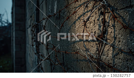 Rusty barbed wire on concrete wall, a texture of historical pain. Rusty barbed wire on concrete wall, a texture of historical pain. 130282757