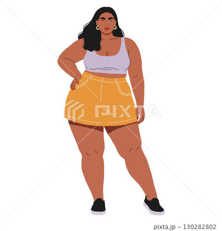 Confident plus-size woman illustration. Confident girl in summer outfit, self love 130282802