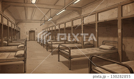 Vintage illustration of empty barracks, a haunting historical memory. Vintage illustration of empty barracks, a haunting historical memory. 130282855