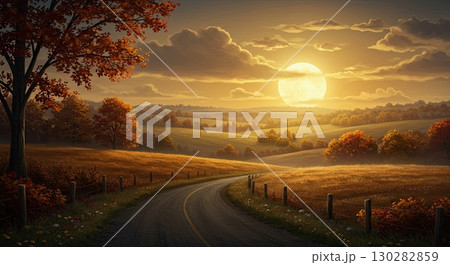 Winding road invites on golden autumn journey, a peaceful scenic journey 130282859