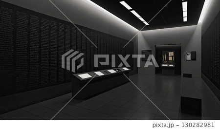 Dark hall holds painful memory, a wall of names for historical memory, sad memory 130282981