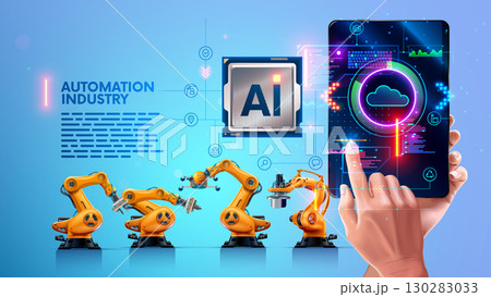 Industrial automation using artificial intelligence. AI controls an industrial plant. AI manages business processes in an industrial enterprise. A man controls a factory from a tablet screen using AI. 130283033