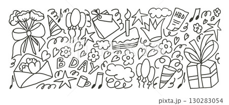 Happy birthday party doodle markers drawn set. Celebration Bday hand drawn signs isolated on white background. Gift, confetti and cake with balloons for festive. Vector scribble elements by pencil Happy birthday party doodle markers drawn set. Celebration Bday hand drawn signs isolated on white background. Gift, confetti and cake with balloons for festive. Vector scribble elements by pencil 130283054