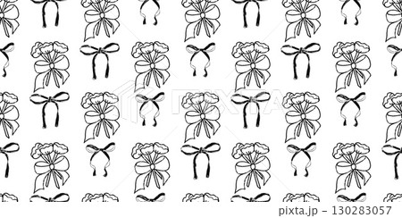 Coquette party charcoal seamless pattern. Monochrome party endless background. Girly festive bride bouquet with bows repeat cover. Surface pattern wedding design motif. Vector hand drawn illustration 130283057
