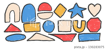 Multi colors crayon textured geometric shape with outlines set. Text boxes kids frames. Circle, heart and square figures. Vector hand drawn stickers shapes. Scribbles design figures illustration 130283075