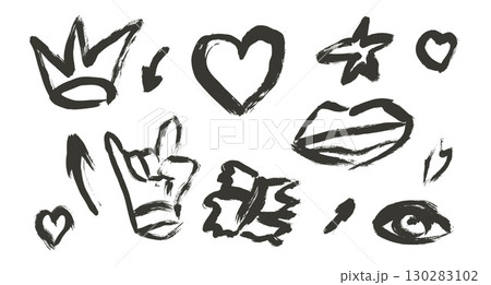Crown, heart, lips brush graffiti drawn set. Black paint hand drawn elements isolated on white background. Grunge texture arrow, horns shapes. Urban street scribbles. Vector illustration 130283102