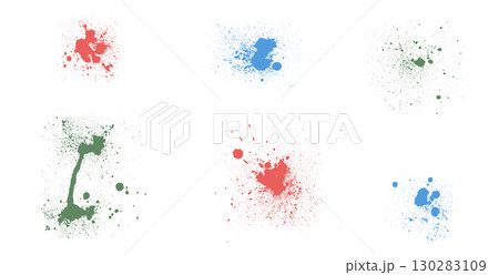 Vector can aerosol spray splashes and splatter. Dripping textured liquid mess. Grunge graffiti art melting drops sprayed. Urban street dirty stencil on wall. Graphic collage messy spots, blots 130283109