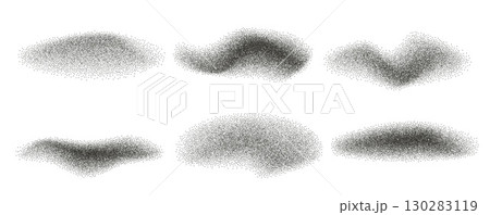 Charcoal noise gradient wave splashes. Abstract black dotwork grain textured elements. Stipple sand effect dynamic lines set. Fluid grain dots from isolated on white background. Vector illustration Charcoal noise gradient wave splashes. Abstract black dotwork grain textured elements. Stipple sand effect dynamic lines set. Fluid grain dots from isolated on white background. Vector illustration 130283119