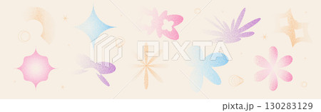 Abstract multi colors figures with grain noise gradient. Y2k retro stippling forms set. Butterfly, semicircle and star flower icons isolated on beige background. Vector gradation shapes illustration 130283129