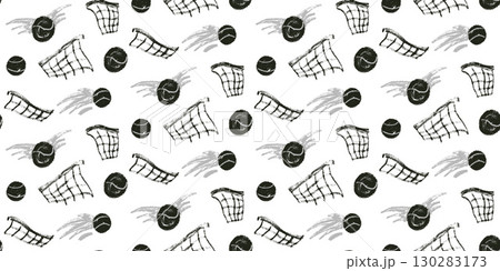 Tennis balls and net charcoal seamless pattern. Padel tennis ball shot pencil endless background. Sport court repeat cover. Fitness hobby activity continuous ornament. Vector hand drawn illustration 130283173