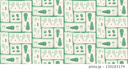 Tenniscore seamless pattern. Rackets, bags, balls and coquette bows endless background. Active sport equipment repeat ornament. Surface pattern design entertainment motif. Vector bento illustration 130283174