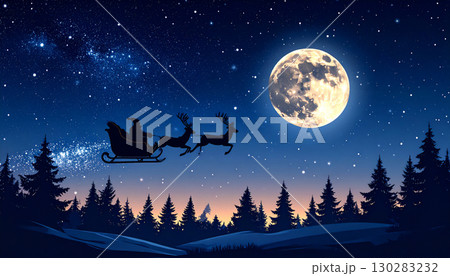 夜空を横切るサンタとソリのシルエット 130283232