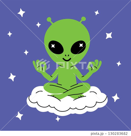 Cute green alien meditating on a cloud in outer space, cartoon illustration with stars and peaceful cosmic vibe 130283682