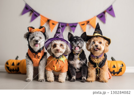 ハロウィン仮装をした可愛い犬たち 130284082