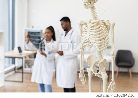 Focused male and female doctors analyzing X-ray images, medical skeleton in foreground, study environment. 130284210