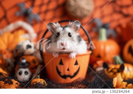 ハロウィンかぼちゃバケツに入ったハムスター 130284264