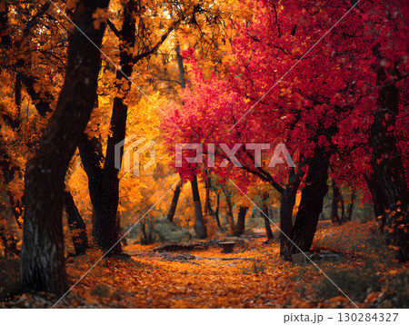 Autumn background, wallpaper with falling leaves of bright red and orange color. Neural network AI generated art 130284327