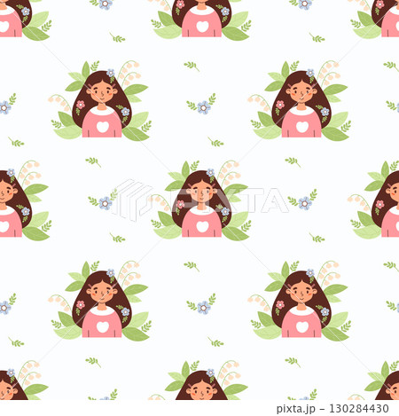 Spring seamless pattern with Cute Girl with Flower lily of the valley and Leaves on White Background. Vector illustration. Template for seasonal design, packaging, wallpaper and textile. Not AI Spring seamless pattern with Cute Girl with Flower lily of the valley and Leaves on White Background. Vector illustration. Template for seasonal design, packaging, wallpaper and textile. Not AI 130284430