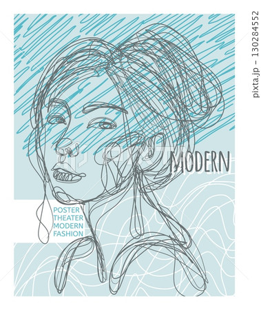 Woman face poster. Fashion magazine. Beautiful young female portrait. Line pencil sketch drawing. Stylish hairstyle. Fashionable girl. Modern theater. Booklet design. Vector glamour journal banner Woman face poster. Fashion magazine. Beautiful young female portrait. Line pencil sketch drawing. Stylish hairstyle. Fashionable girl. Modern theater. Booklet design. Vector glamour journal banner 130284552